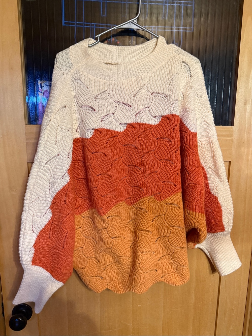 Bibi Sweater Womens Xl Striped Orange Cream Ivory Argyle Neck Textured Cozy